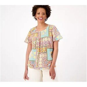 Denim & Co. Printed Blouse with Open Flutter Sleeve Top Melon Orange 2XS A602666